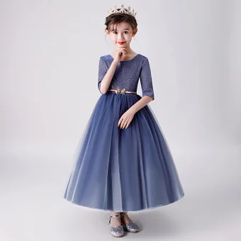 Chic Belle Bleu Marine Robe Ceremonie Fille 2019 Robe Boule Encolure Dégagée 1 2 Manches Glitter Polyester Métal Ceinture Longueur Cheville Volants Robe Pour Mariage