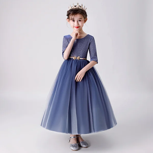 Chic / Belle Bleu Marine Robe Ceremonie Fille 2019 Robe Boule Encolure Dégagée 1/2 Manches Glitter Polyester Métal Ceinture Longueur Cheville Volants Robe Pour Mariage
