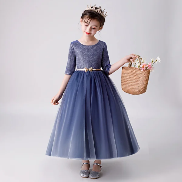Chic / Belle Bleu Marine Robe Ceremonie Fille 2019 Robe Boule Encolure Dégagée 1/2 Manches Glitter Polyester Métal Ceinture Longueur Cheville Volants Robe Pour Mariage