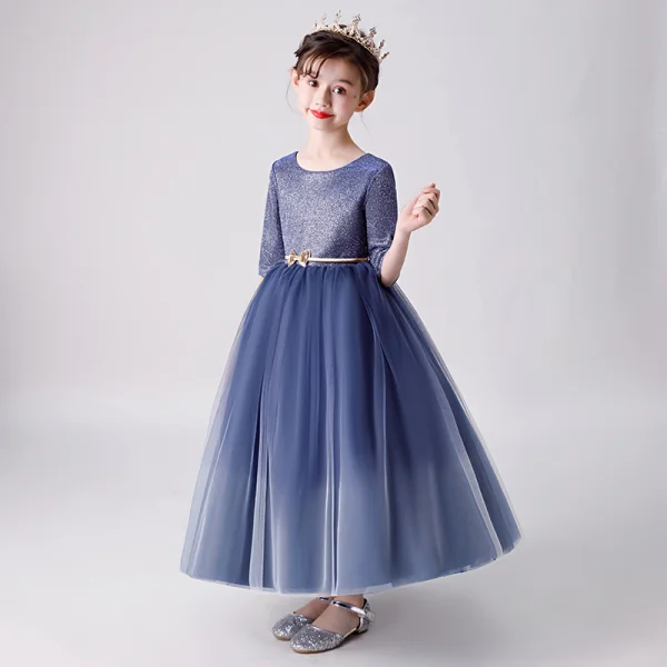 Chic / Belle Bleu Marine Robe Ceremonie Fille 2019 Robe Boule Encolure Dégagée 1/2 Manches Glitter Polyester Métal Ceinture Longueur Cheville Volants Robe Pour Mariage