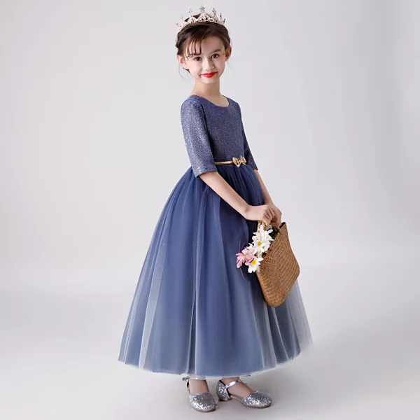 Chic / Belle Bleu Marine Robe Ceremonie Fille 2019 Robe Boule Encolure Dégagée 1/2 Manches Glitter Polyester Métal Ceinture Longueur Cheville Volants Robe Pour Mariage