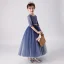 Chic / Belle Bleu Marine Robe Ceremonie Fille 2019 Robe Boule Encolure Dégagée 1/2 Manches Glitter Polyester Métal Ceinture Longueur Cheville Volants Robe Pour Mariage