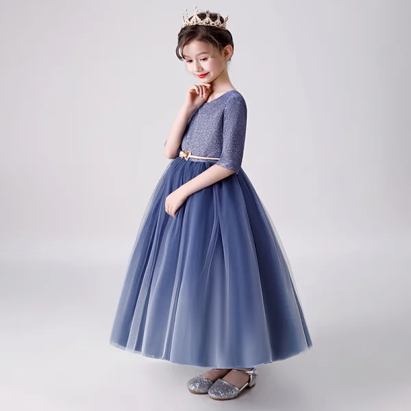 Chic / Belle Bleu Marine Robe Ceremonie Fille 2019 Robe Boule Encolure Dégagée 1/2 Manches Glitter Polyester Métal Ceinture Longueur Cheville Volants Robe Pour Mariage