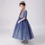 Chic / Belle Bleu Marine Robe Ceremonie Fille 2019 Robe Boule Encolure Dégagée 1/2 Manches Glitter Polyester Métal Ceinture Longueur Cheville Volants Robe Pour Mariage