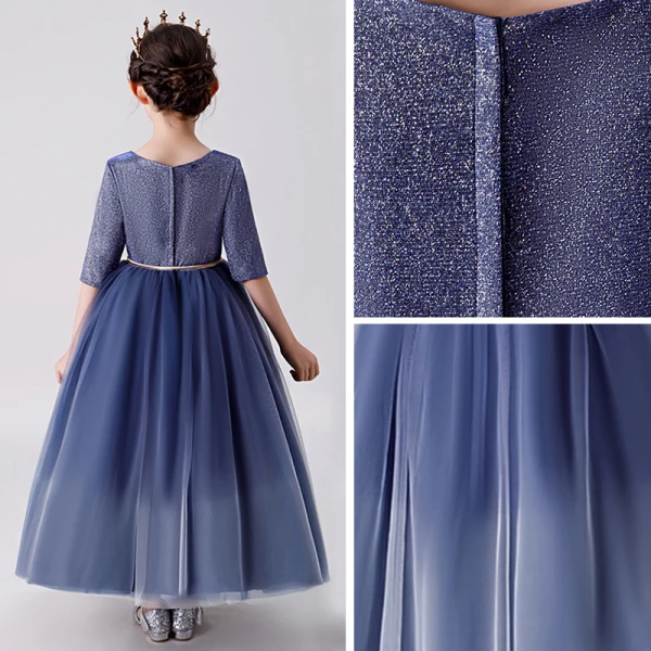 Chic / Belle Bleu Marine Robe Ceremonie Fille 2019 Robe Boule Encolure Dégagée 1/2 Manches Glitter Polyester Métal Ceinture Longueur Cheville Volants Robe Pour Mariage