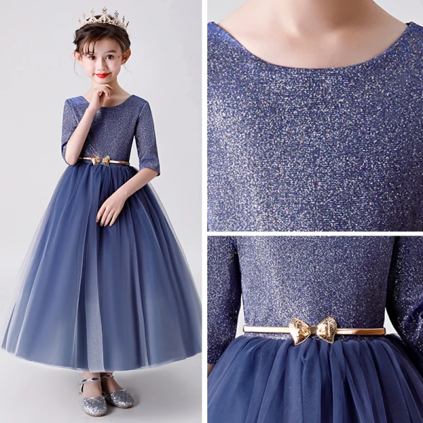 Chic / Belle Bleu Marine Robe Ceremonie Fille 2019 Robe Boule Encolure Dégagée 1/2 Manches Glitter Polyester Métal Ceinture Longueur Cheville Volants Robe Pour Mariage