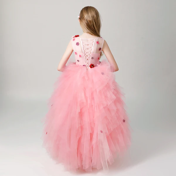 Chic / Beautiful Candy Pink See-through Flower Girl Dresses 2019 Ball Gown Scoop Neck Sleeveless Appliques Flower Floor-Length / Long Cascading Ruffles Wedding Party Dresses