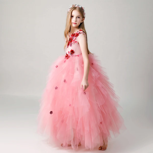 Chic / Beautiful Candy Pink See-through Flower Girl Dresses 2019 Ball Gown Scoop Neck Sleeveless Appliques Flower Floor-Length / Long Cascading Ruffles Wedding Party Dresses