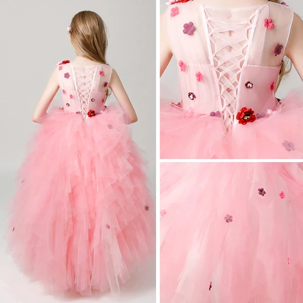 Chic / Beautiful Candy Pink See-through Flower Girl Dresses 2019 Ball Gown Scoop Neck Sleeveless Appliques Flower Floor-Length / Long Cascading Ruffles Wedding Party Dresses