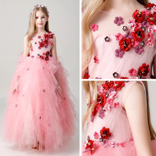 Chic / Beautiful Candy Pink See-through Flower Girl Dresses 2019 Ball Gown Scoop Neck Sleeveless Appliques Flower Floor-Length / Long Cascading Ruffles Wedding Party Dresses