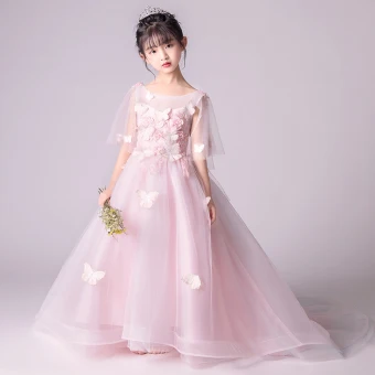 Elegant Blushing Pink See Through Flower Girl Dresses 2019 A Line Princess Scoop Neck 1 2 Sleeves Butterfly Appliques Lace Pearl Floor Length Long Ruffle Backless Wedding Party Dresses