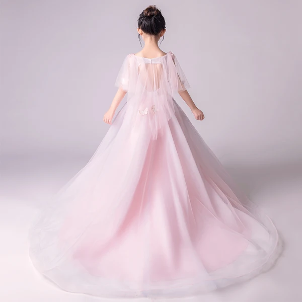 Elegant Blushing Pink See-through Flower Girl Dresses 2019 A-Line / Princess Scoop Neck 1/2 Sleeves Butterfly Appliques Lace Pearl Floor-Length / Long Ruffle Backless Wedding Party Dresses