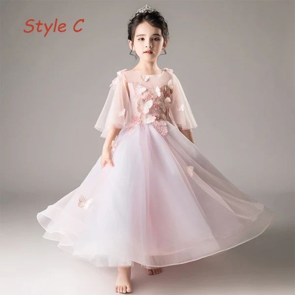 Elegant Blushing Pink See-through Flower Girl Dresses 2019 A-Line / Princess Scoop Neck 1/2 Sleeves Butterfly Appliques Lace Pearl Floor-Length / Long Ruffle Backless Wedding Party Dresses