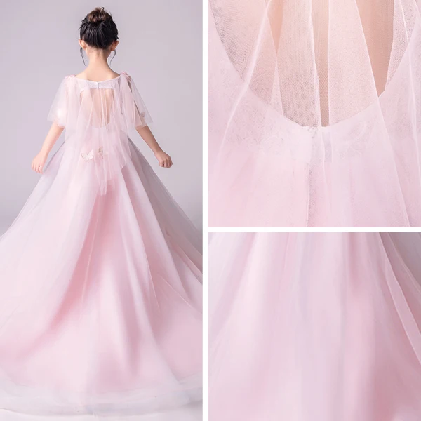 Elegant Blushing Pink See-through Flower Girl Dresses 2019 A-Line / Princess Scoop Neck 1/2 Sleeves Butterfly Appliques Lace Pearl Floor-Length / Long Ruffle Backless Wedding Party Dresses