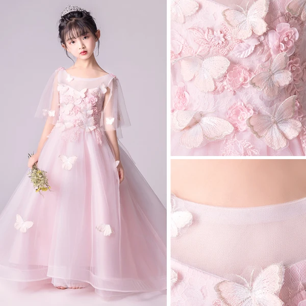 Elegant Blushing Pink See-through Flower Girl Dresses 2019 A-Line / Princess Scoop Neck 1/2 Sleeves Butterfly Appliques Lace Pearl Floor-Length / Long Ruffle Backless Wedding Party Dresses