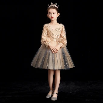 Bling Bling Champagne Robe Ceremonie Fille 2019 Robe Boule V Cou Gonflée Manches Longues Glitter Paillettes Courte Volants Dos Nu Robe Pour Mariage