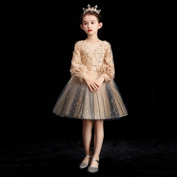 Bling Bling Champagne Flower Girl Dresses 2019 Ball Gown V Neck Puffy Long Sleeve Glitter Sequins Short Ruffle Backless Wedding Party Dresses