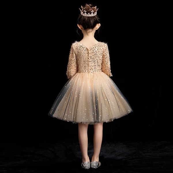 Bling Bling Champagne Flower Girl Dresses 2019 Ball Gown V-Neck Puffy Long Sleeve Glitter Sequins Short Ruffle Backless Wedding Party Dresses