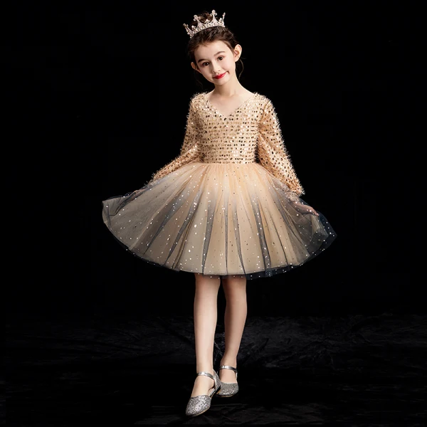 Bling Bling Champagne Flower Girl Dresses 2019 Ball Gown V-Neck Puffy Long Sleeve Glitter Sequins Short Ruffle Backless Wedding Party Dresses