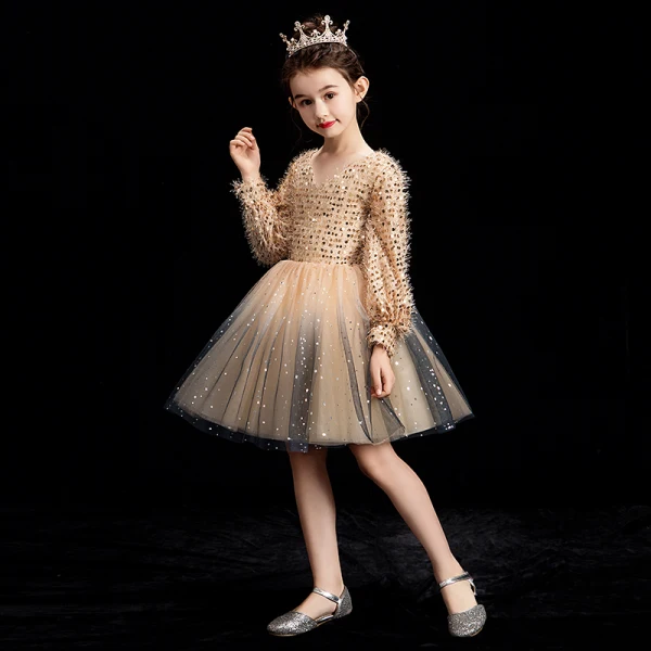 Bling Bling Champagne Flower Girl Dresses 2019 Ball Gown V-Neck Puffy Long Sleeve Glitter Sequins Short Ruffle Backless Wedding Party Dresses