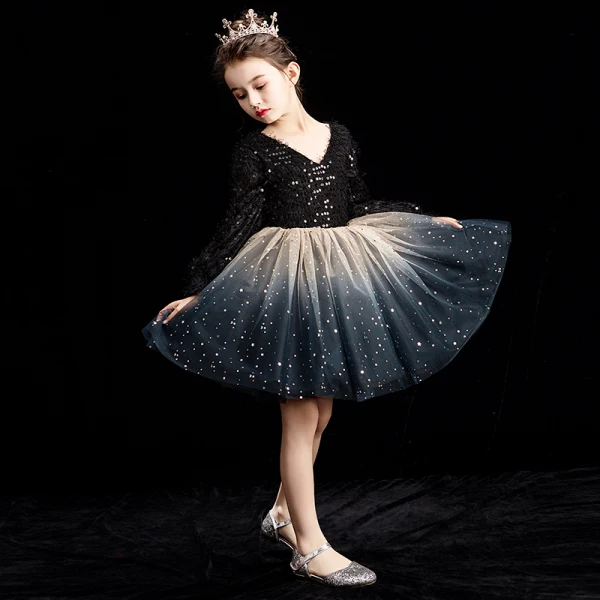 Bling Bling Champagne Flower Girl Dresses 2019 Ball Gown V-Neck Puffy Long Sleeve Glitter Sequins Short Ruffle Backless Wedding Party Dresses