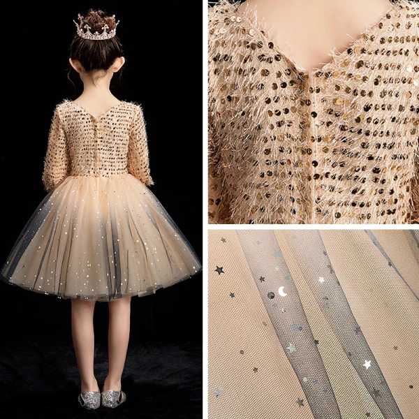 Bling Bling Champagne Flower Girl Dresses 2019 Ball Gown V-Neck Puffy Long Sleeve Glitter Sequins Short Ruffle Backless Wedding Party Dresses