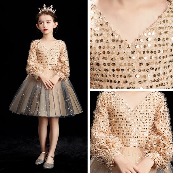 Bling Bling Champagne Flower Girl Dresses 2019 Ball Gown V-Neck Puffy Long Sleeve Glitter Sequins Short Ruffle Backless Wedding Party Dresses
