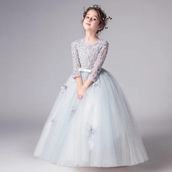 Illusion Grey Flower Girl Dresses 2019 Ball Gown Scoop Neck 3 4 Sleeve Pierced Appliques Lace Bow Sash Floor Length Long Ruffle Wedding Party Dresses