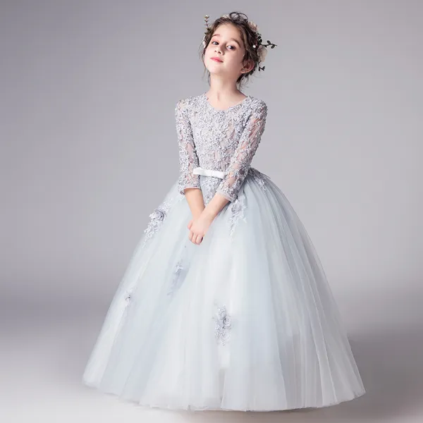 Illusion Grey Flower Girl Dresses 2019 Ball Gown Scoop Neck 3/4 Sleeve Pierced Appliques Lace Bow Sash Floor-Length / Long Ruffle Wedding Party Dresses