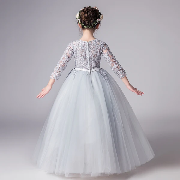 Illusion Grey Flower Girl Dresses 2019 Ball Gown Scoop Neck 3/4 Sleeve Pierced Appliques Lace Bow Sash Floor-Length / Long Ruffle Wedding Party Dresses