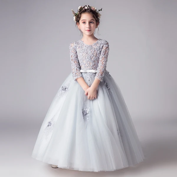 Illusion Grey Flower Girl Dresses 2019 Ball Gown Scoop Neck 3/4 Sleeve Pierced Appliques Lace Bow Sash Floor-Length / Long Ruffle Wedding Party Dresses