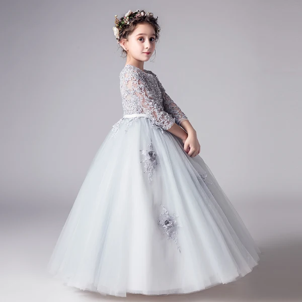 Illusion Grey Flower Girl Dresses 2019 Ball Gown Scoop Neck 3/4 Sleeve Pierced Appliques Lace Bow Sash Floor-Length / Long Ruffle Wedding Party Dresses