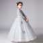 Illusion Grey Flower Girl Dresses 2019 Ball Gown Scoop Neck 3/4 Sleeve Pierced Appliques Lace Bow Sash Floor-Length / Long Ruffle Wedding Party Dresses