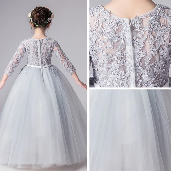 Illusion Grey Flower Girl Dresses 2019 Ball Gown Scoop Neck 3/4 Sleeve Pierced Appliques Lace Bow Sash Floor-Length / Long Ruffle Wedding Party Dresses