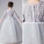 Illusion Grey Flower Girl Dresses 2019 Ball Gown Scoop Neck 3/4 Sleeve Pierced Appliques Lace Bow Sash Floor-Length / Long Ruffle Wedding Party Dresses