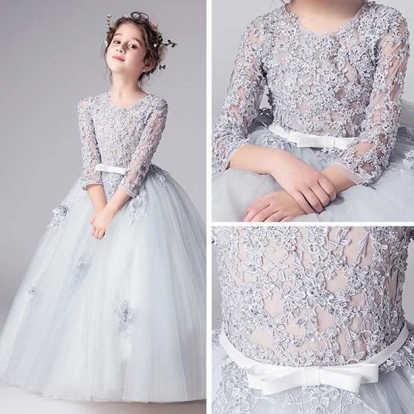 Illusion Grey Flower Girl Dresses 2019 Ball Gown Scoop Neck 3/4 Sleeve Pierced Appliques Lace Bow Sash Floor-Length / Long Ruffle Wedding Party Dresses
