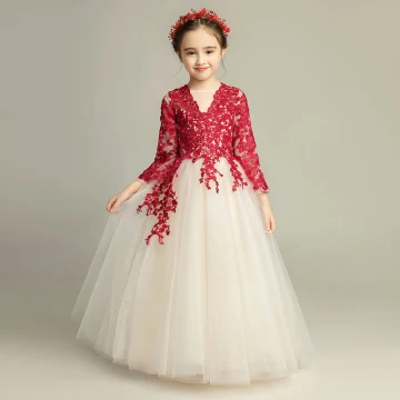 Élégant Champagne Robe Ceremonie Fille 2019 Princesse Encolure Dégagée 3 4 Manches Bordeaux Appliques En Dentelle Longue Volants Robe Pour Mariage