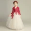 Élégant Champagne Robe Ceremonie Fille 2019 Princesse Encolure Dégagée 3/4 Manches Bordeaux Appliques En Dentelle Longue Volants Robe Pour Mariage