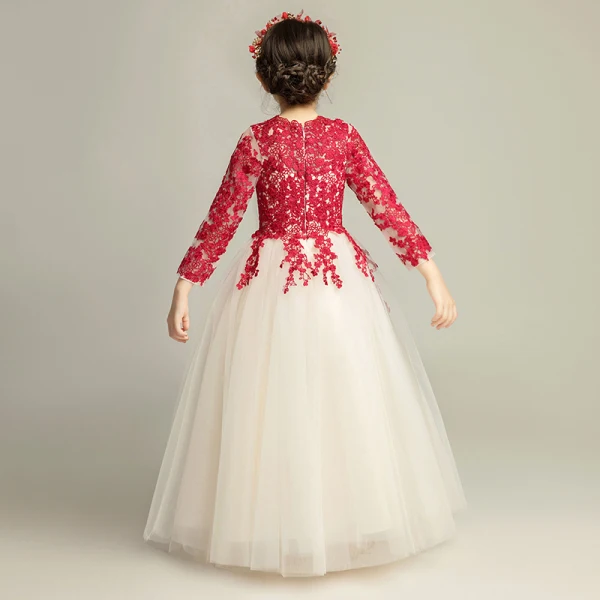 Élégant Champagne Robe Ceremonie Fille 2019 Princesse Encolure Dégagée 3/4 Manches Bordeaux Appliques En Dentelle Longue Volants Robe Pour Mariage