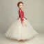 Élégant Champagne Robe Ceremonie Fille 2019 Princesse Encolure Dégagée 3/4 Manches Bordeaux Appliques En Dentelle Longue Volants Robe Pour Mariage