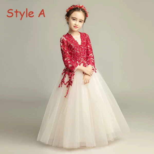 Élégant Champagne Robe Ceremonie Fille 2019 Princesse Encolure Dégagée 3/4 Manches Bordeaux Appliques En Dentelle Longue Volants Robe Pour Mariage