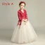 Élégant Champagne Robe Ceremonie Fille 2019 Princesse Encolure Dégagée 3/4 Manches Bordeaux Appliques En Dentelle Longue Volants Robe Pour Mariage