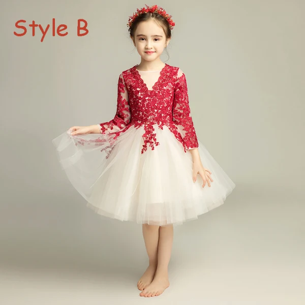 Élégant Champagne Robe Ceremonie Fille 2019 Princesse Encolure Dégagée 3/4 Manches Bordeaux Appliques En Dentelle Longue Volants Robe Pour Mariage