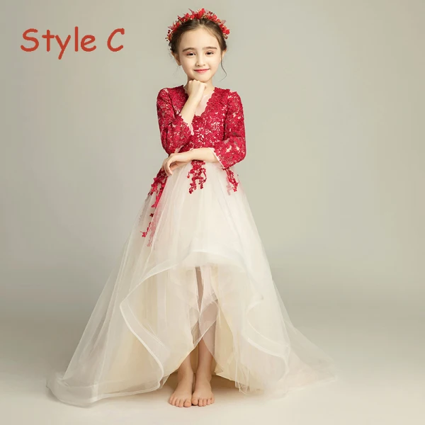 Élégant Champagne Robe Ceremonie Fille 2019 Princesse Encolure Dégagée 3/4 Manches Bordeaux Appliques En Dentelle Longue Volants Robe Pour Mariage