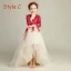 Élégant Champagne Robe Ceremonie Fille 2019 Princesse Encolure Dégagée 3/4 Manches Bordeaux Appliques En Dentelle Longue Volants Robe Pour Mariage