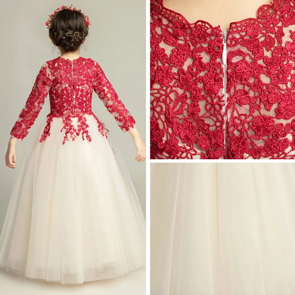 Élégant Champagne Robe Ceremonie Fille 2019 Princesse Encolure Dégagée 3/4 Manches Bordeaux Appliques En Dentelle Longue Volants Robe Pour Mariage