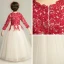 Élégant Champagne Robe Ceremonie Fille 2019 Princesse Encolure Dégagée 3/4 Manches Bordeaux Appliques En Dentelle Longue Volants Robe Pour Mariage