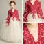 Élégant Champagne Robe Ceremonie Fille 2019 Princesse Encolure Dégagée 3/4 Manches Bordeaux Appliques En Dentelle Longue Volants Robe Pour Mariage