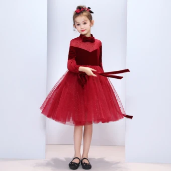 Chic Belle Bordeaux Daim Transparentes Robe Ceremonie Fille 2019 Princesse Noeud Col Haut Gonflée 3 4 Manches Étoile Tulle Thé Longueur Volants Robe Pour Mariage