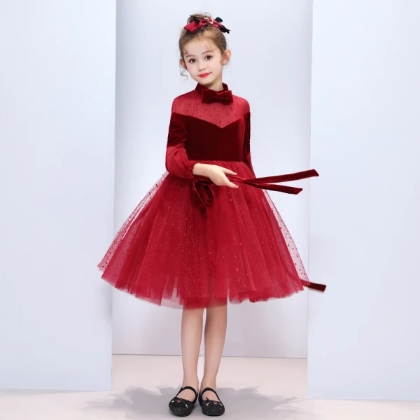 Chic / Beautiful Burgundy Suede See-through Flower Girl Dresses 2019 A-Line / Princess Bow High Neck Puffy 3/4 Sleeve Star Tulle Tea-length Ruffle Wedding Party Dresses